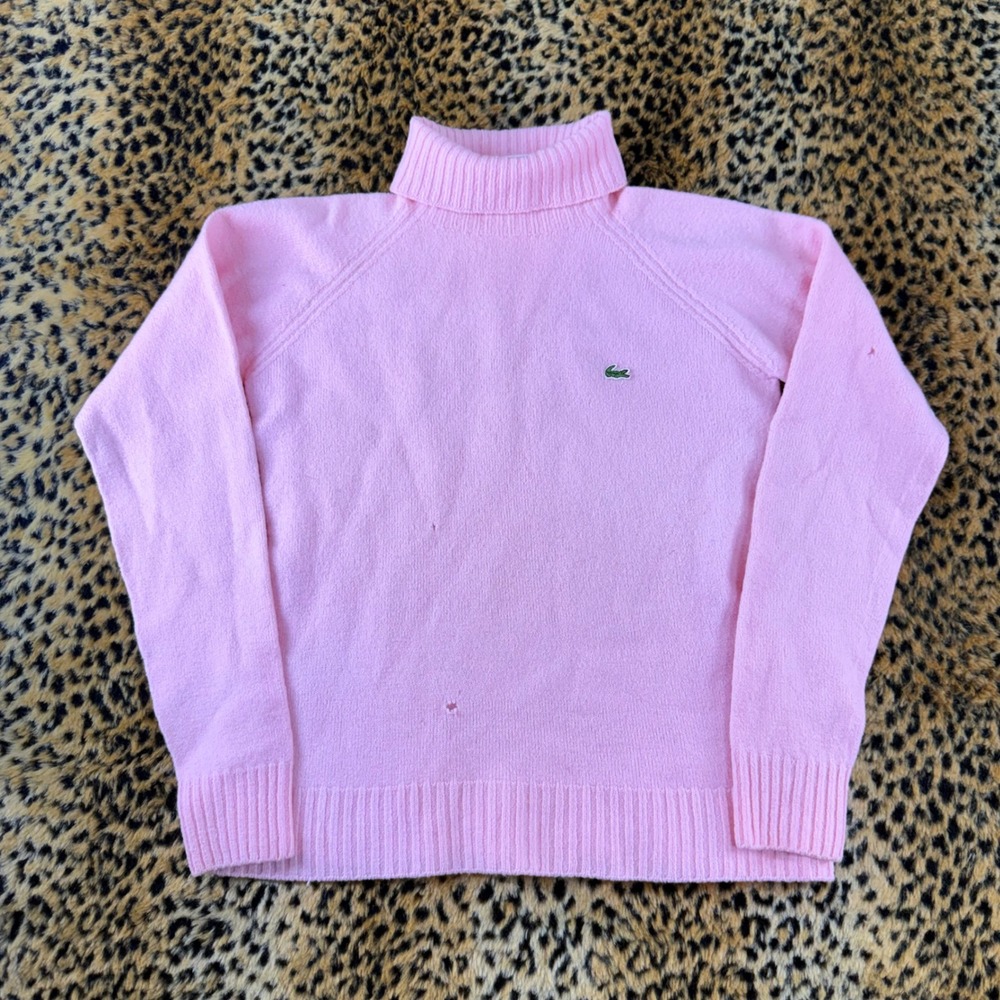 Lacoste Vintage Pink Turtleneck Sweater Womens XS Made in France Logo Knit